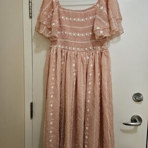 SHEIN Blush Pink Embroidered Maxi Dress with Flutter Sleeves